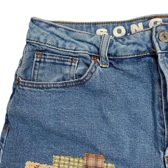SONG Cut Off Jean Shorts Boho Denim Button Fly Distressed Plaid Patchwork 7 - Picture 3 of 12